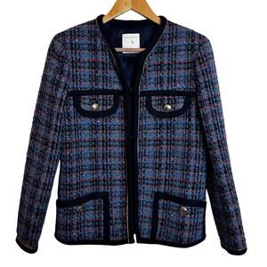 Sandro Women’s Tweed Bouclé Jacket M Blue Plaid Gold Buttons Preppy Classic Chic